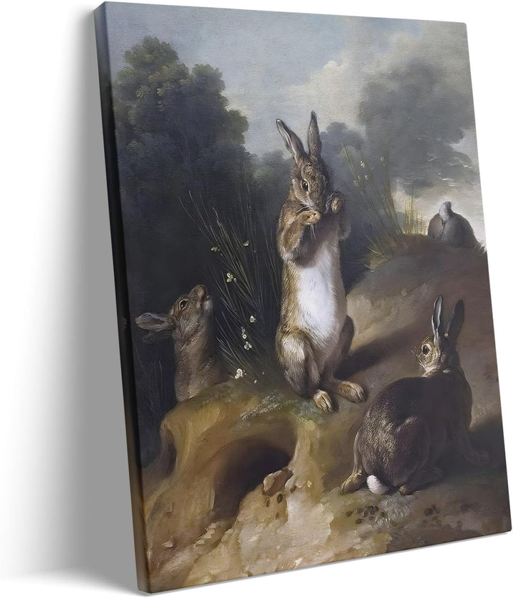 Easter Rabbits Canvas Wall Art, Adorable 4 Hares and Cave Oil Painting Home Decor, Nature-Inspired Wall Decor Stunning Lovable Bunny Canvas Prints for Living Room