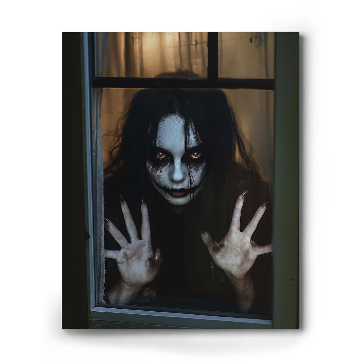 Haunted Girl at the Window Canvas Wall Art – Dark Halloween Horror Home Decor