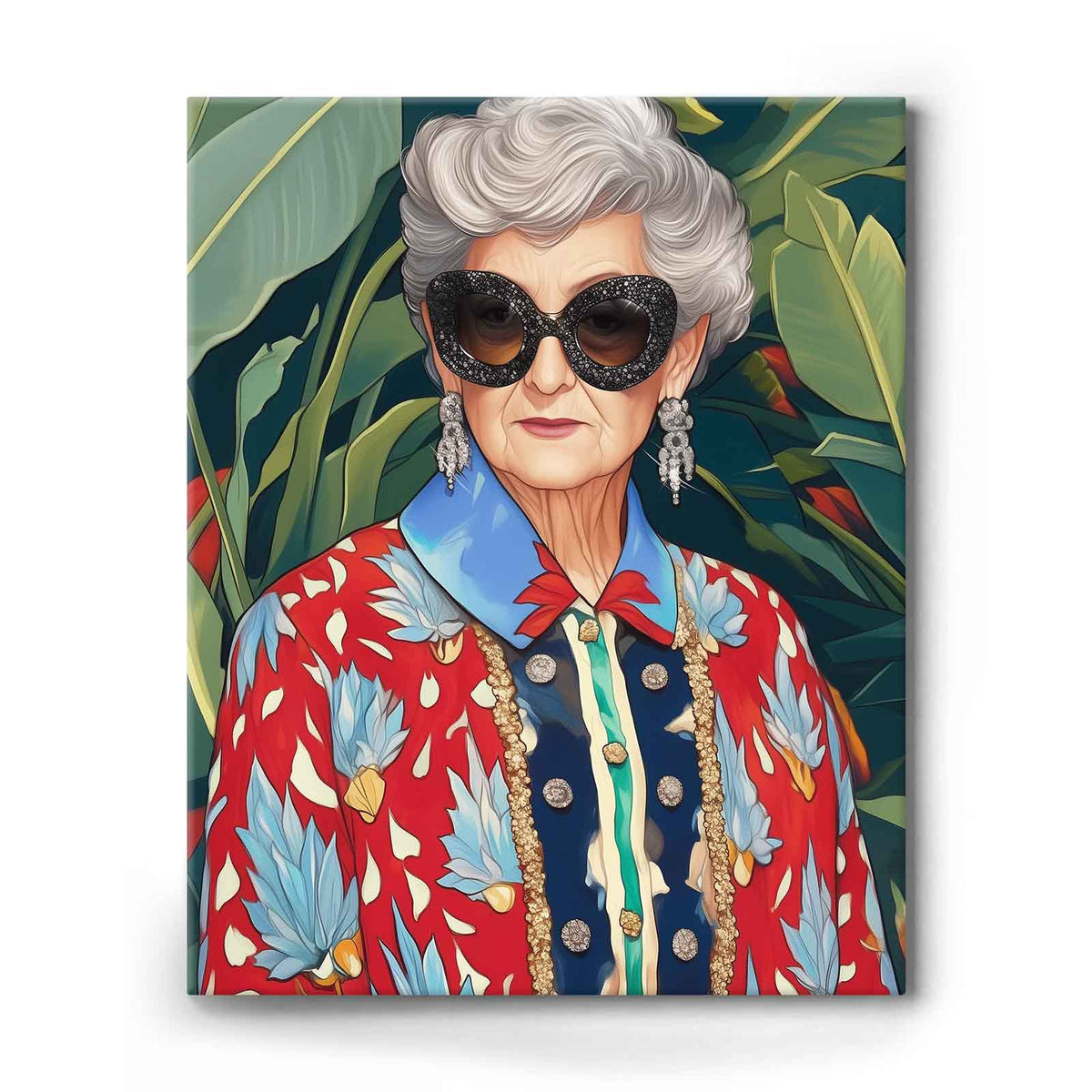 Retro Floral Grandma Portrait Painting Colorful Fashion Portrait Wall Art