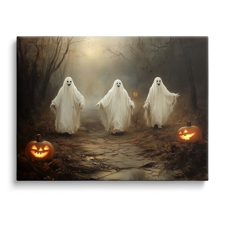 Three Ghosts on a Haunted Forest Path Dark Gothic Halloween Painting Wall Art