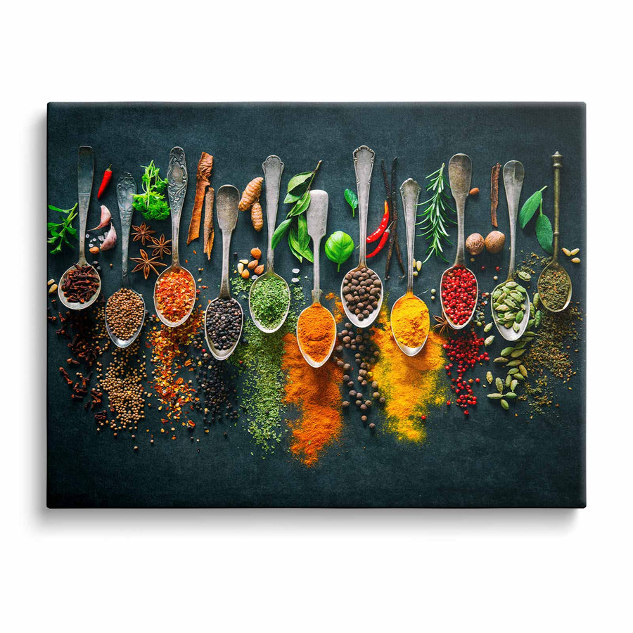 Colorful Herbs and Spices on Vintage Spoons Poster Kitchen Wall Art