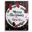 Merry Christmas Happy New Year Canvas Wall Art, Rustic Plaid Holiday Sign with Christmas Wreath and Mittens
