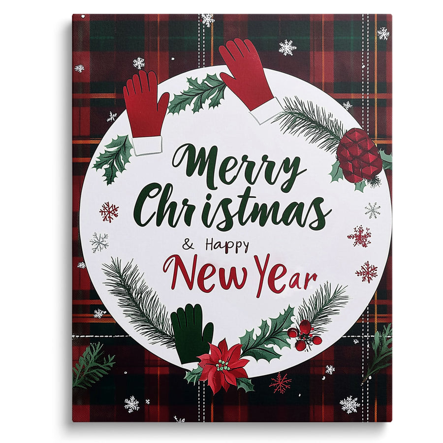 Merry Christmas Happy New Year Canvas Wall Art, Rustic Plaid Holiday Sign with Christmas Wreath and Mittens