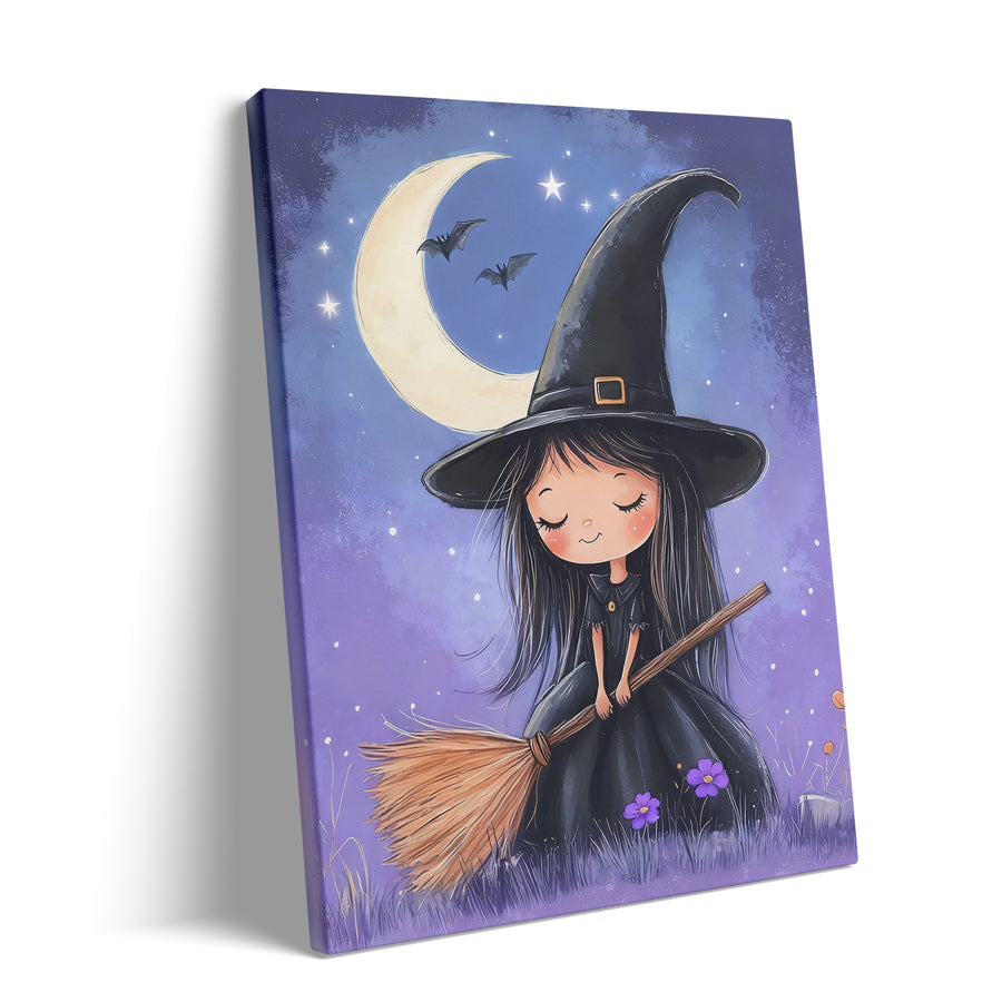Little Witch Under the Crescent Moon Halloween Canvas Wall Art