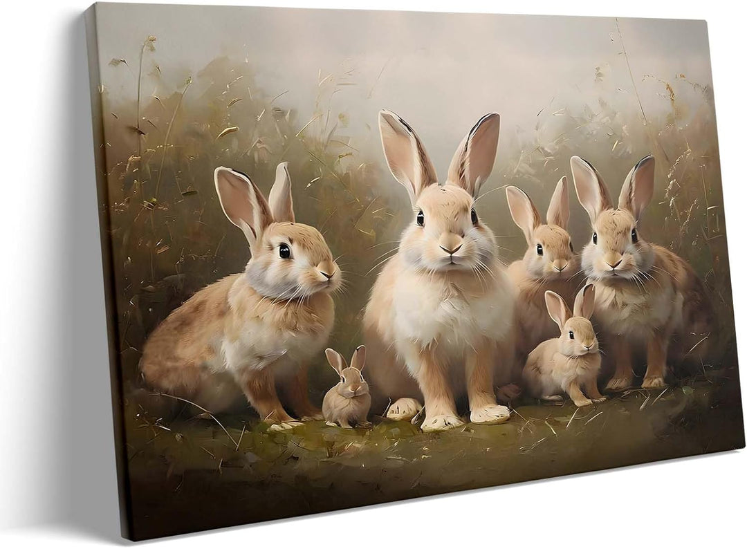 Easter Grassland Rabbits Canvas Wall Art Adorable Hares Oil Painting Home Decor, Nature-Inspired Wall Decor Stunning Lovable Bunny Canvas Prints