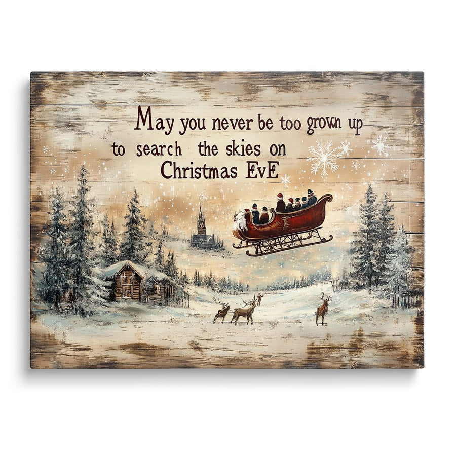Christmas Eve Santa Sleigh Canvas Wall Art with Inspirational Quote, Rustic Vintage Holiday Decor