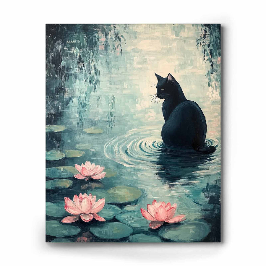 Black Cat in a Lily Pond / 8x10