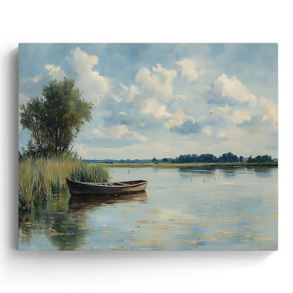 Impressionist Lakeside Landscape Painting Peaceful Lake and Rowboat Wall Art