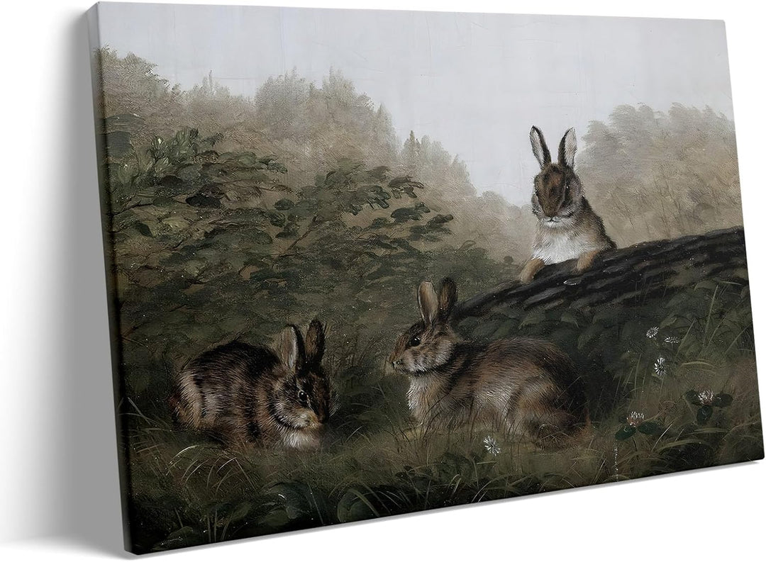 Easter Rabbits Framed Canvas Wall Art, Adorable 4 Hares Cave Oil Painting Home Decor, Nature-Inspired Wall Decor Stunning Lovable Bunny Canvas Prints for Living Room