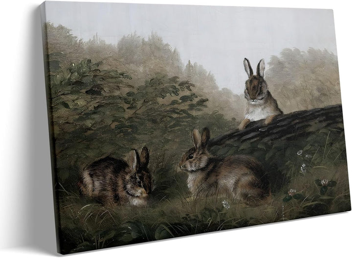 Easter Rabbits Framed Canvas Wall Art, Adorable 4 Hares Cave Oil Painting Home Decor, Nature-Inspired Wall Decor Stunning Lovable Bunny Canvas Prints for Living Room