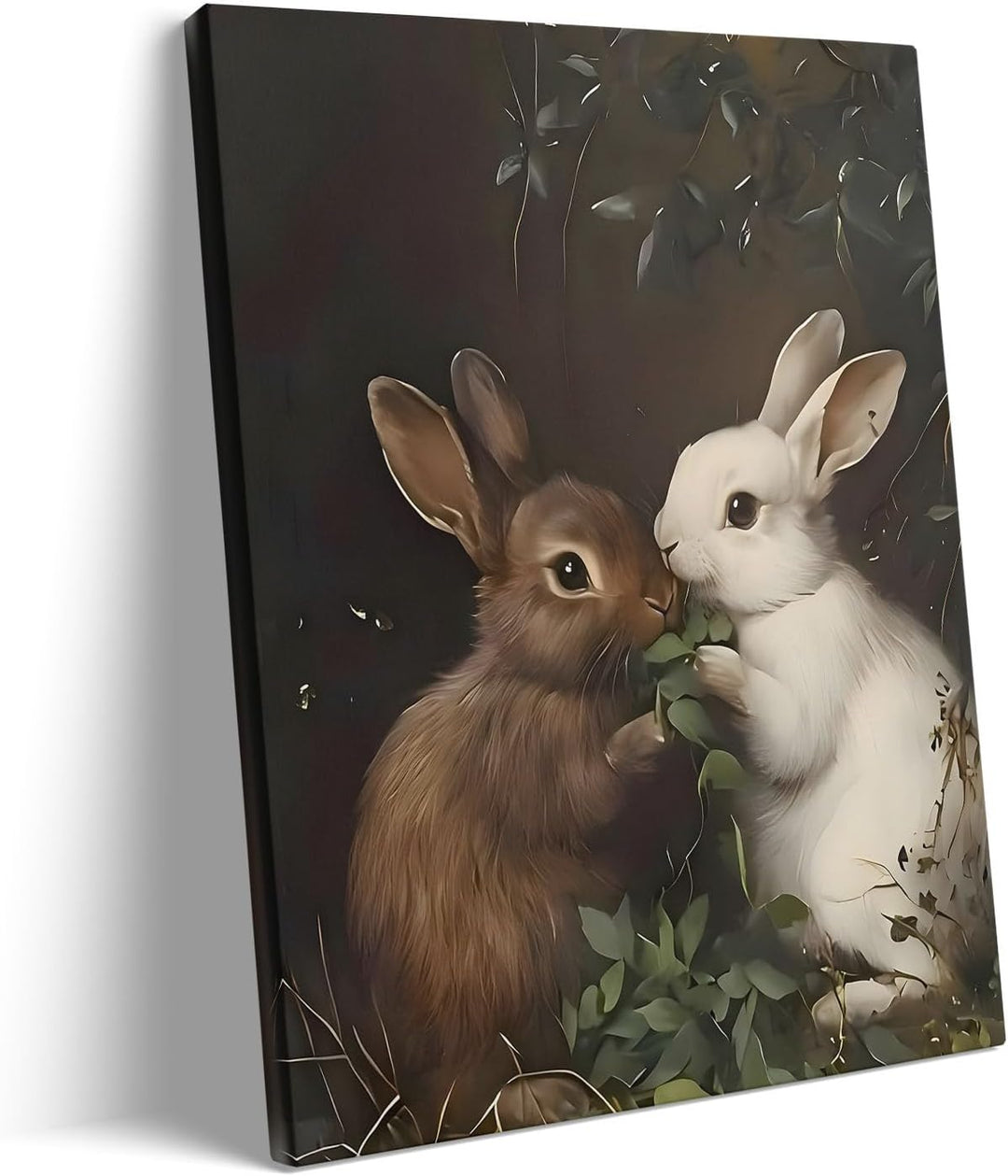 Easter Rabbits Canvas Wall Art, Adorable Hares Eating Leaves Oil Painting Home Decor, Nature-Inspired Wall Decor Stunning Lovable Bunny Canvas Prints for Living Room