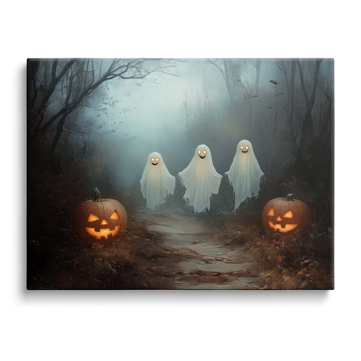 Three Friendly Ghosts Whimsical Haunted Forest Illustration Halloween Wall Art