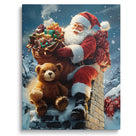 Santa Claus with Teddy Bear Christmas Canvas Wall Art, Santa Delivering Gifts on a Snowy Rooftop Holiday Decor