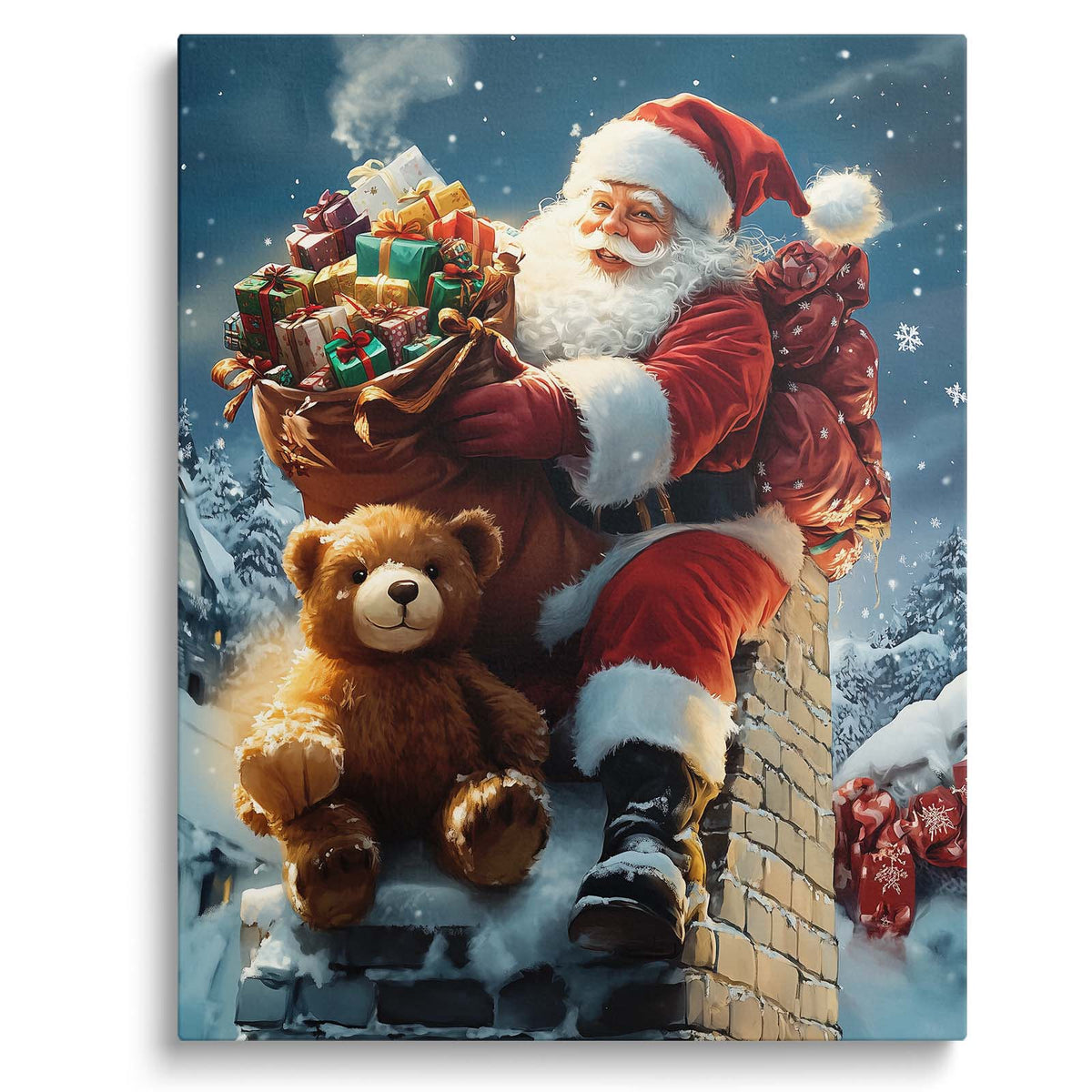 Santa Claus with Teddy Bear Christmas Canvas Wall Art, Santa Delivering Gifts on a Snowy Rooftop Holiday Decor