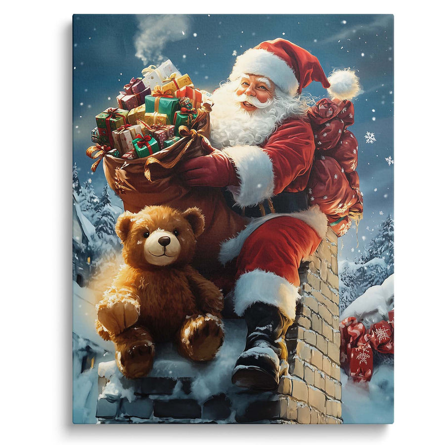 Santa Claus with Teddy Bear Christmas Canvas Wall Art, Santa Delivering Gifts on a Snowy Rooftop