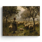 Atmospheric Pastoral Landscape Painting Shepherd and Sheep in the Misty Meadow Wall Art