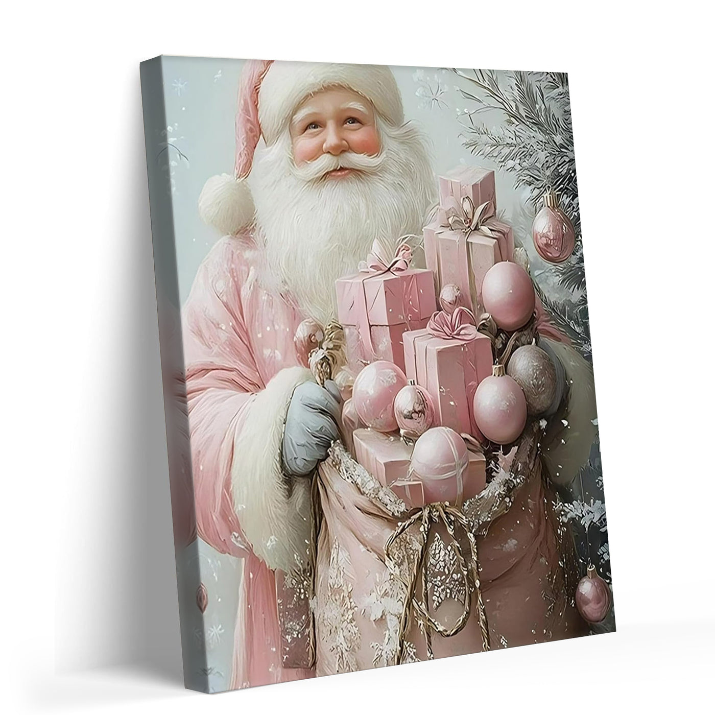 Pink Santa Claus Christmas Canvas Wall Art with Gifts, Whimsical Holiday Decor for Bedroom, Living Room and Nursery
