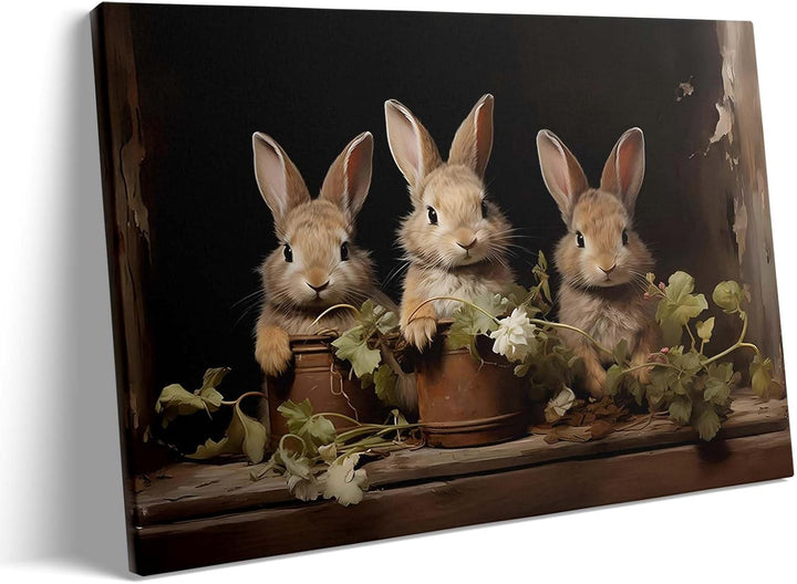 Easter Rabbits Framed Canvas Wall Art, Potted Hares and Plants Oil Painting Home Decor, Nature-Inspired Wall Decor Stunning Lovable Bunny Canvas Prints for Living Room, Bedroom, or Nursery
