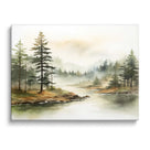 Soft Watercolor Woodland Landscape Misty Pine Forest Lake Wall Art