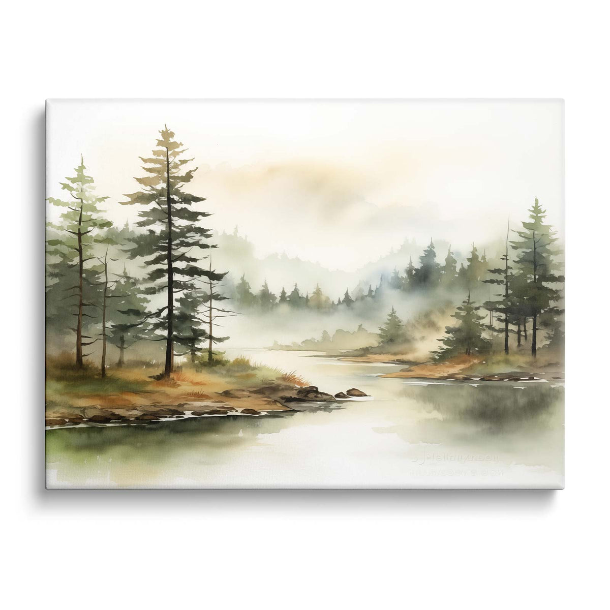 Soft Watercolor Woodland Landscape Misty Pine Forest Lake Wall Art