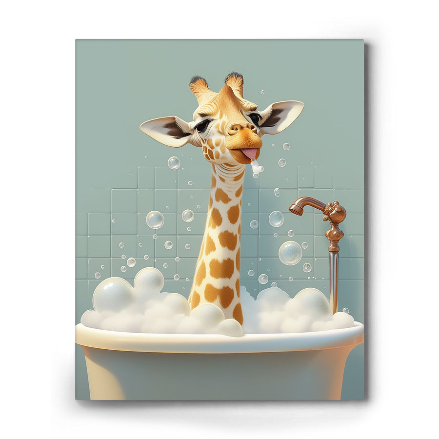 Giraffe in the Bathtub Whimsical Surreal Animal Illustration Wall Art