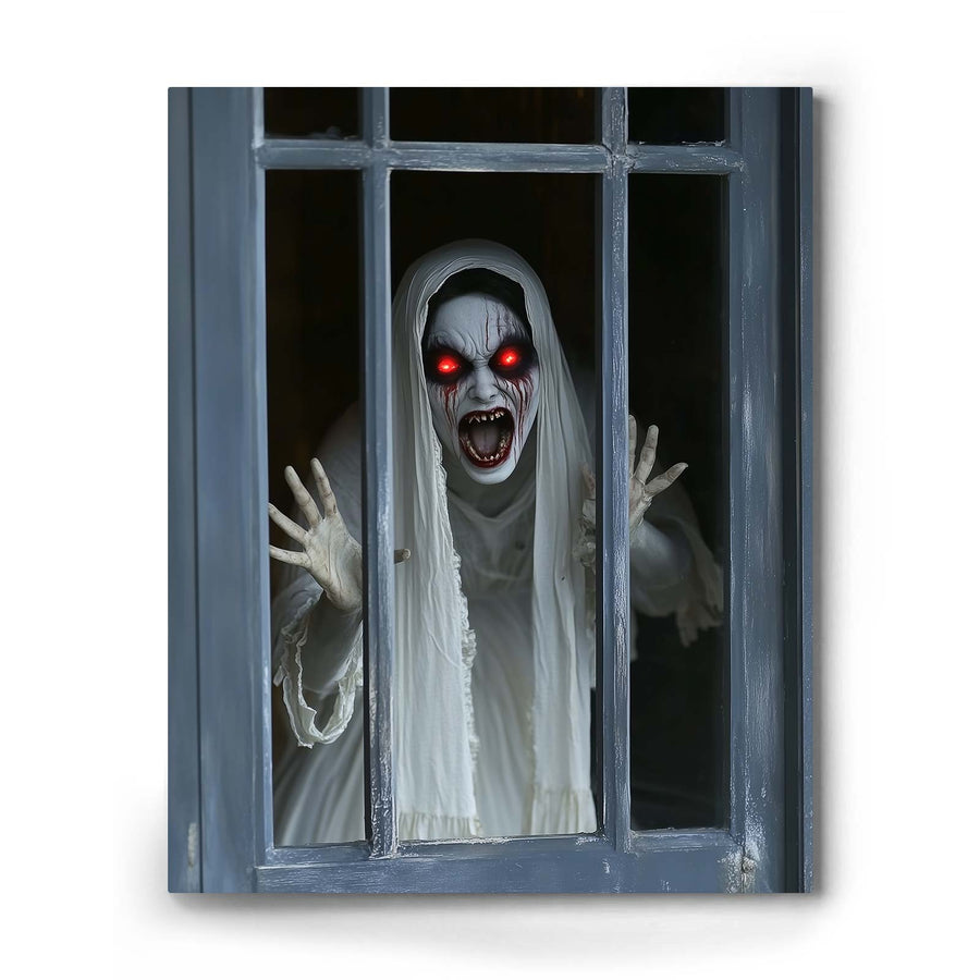 Haunted Ghost at the Window Canvas Wall Art – Scary Halloween Horror Home Decor