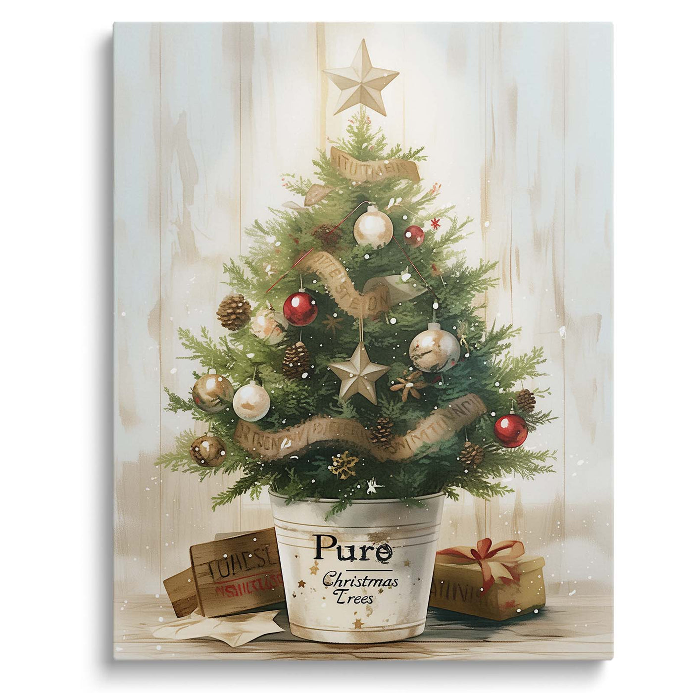 Small Christmas Tree Canvas Wall Art, Rustic Potted Christmas Tree with Ornaments and Gifts Holiday Decor