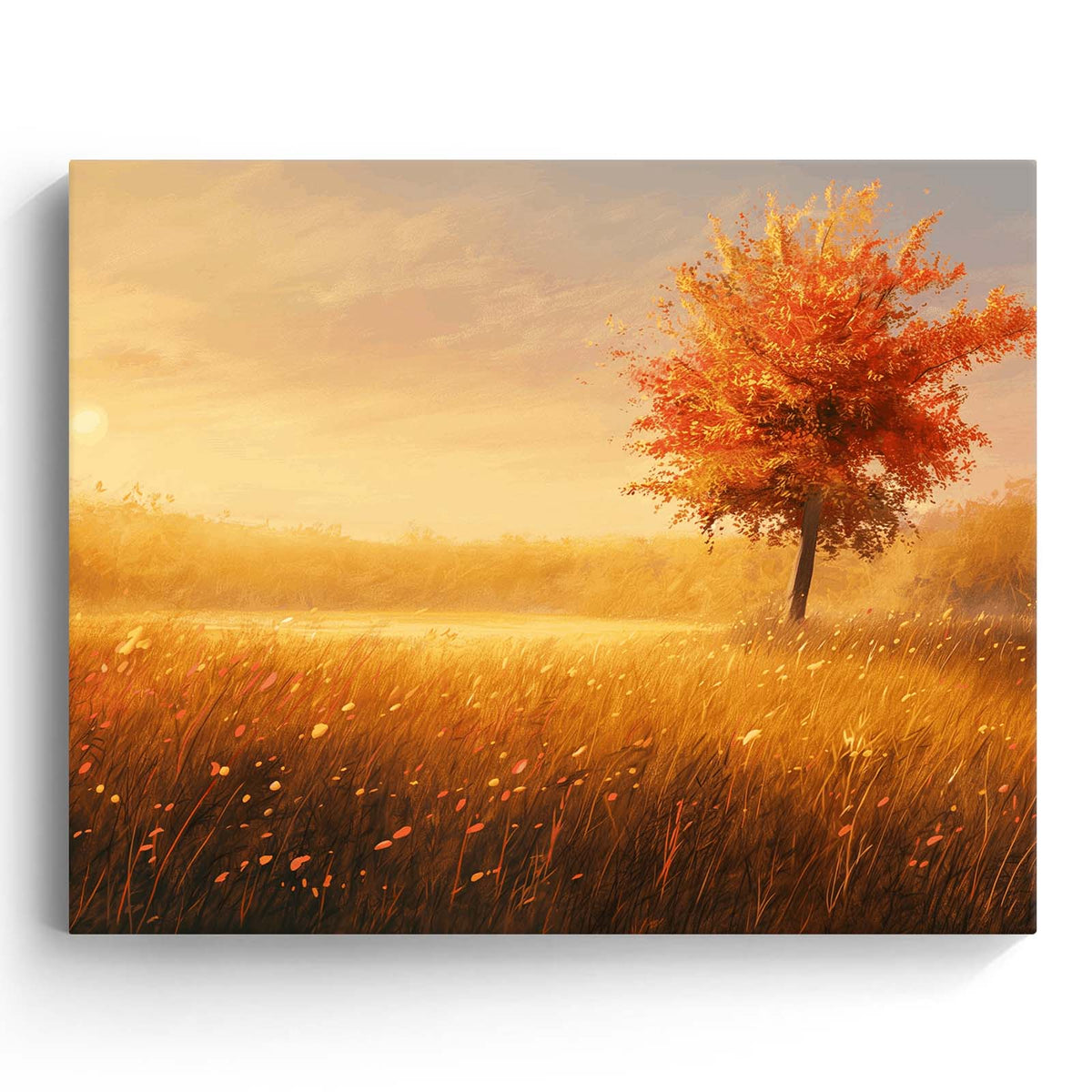 Golden Sunlit Autumn Meadow Landscape Tree Wall Art