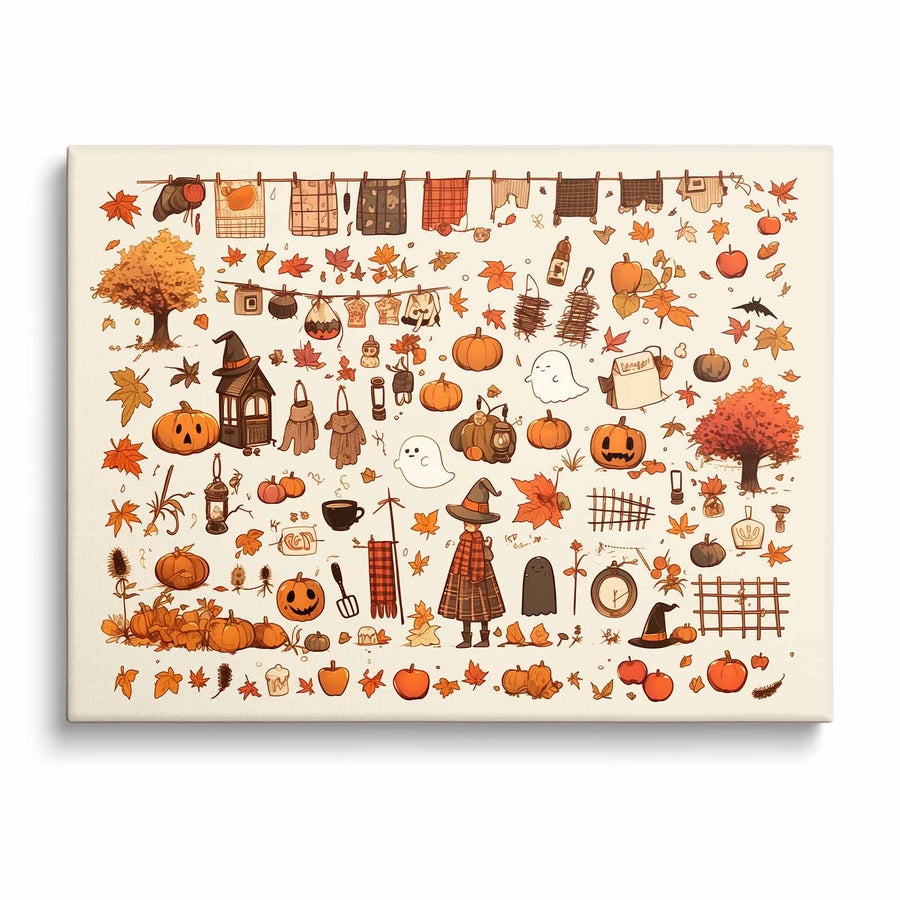 Autumn Cozy Halloween Doodle Collage Illustration Wall Art