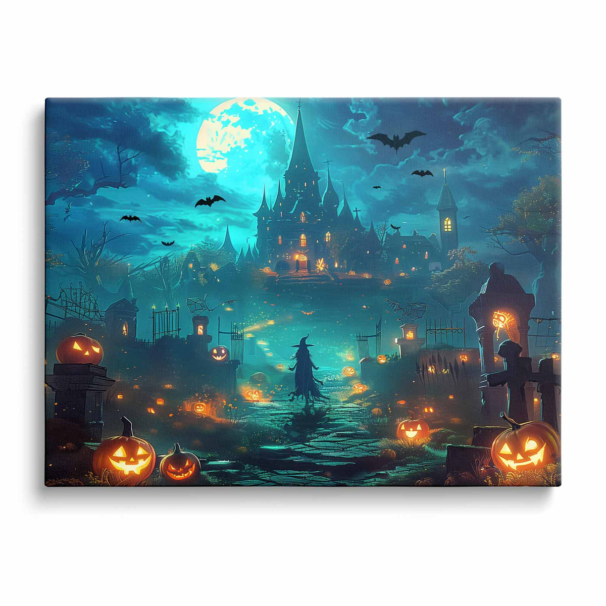 Haunted Halloween Moonlit Pumpkin Castle Landscape Wall Art