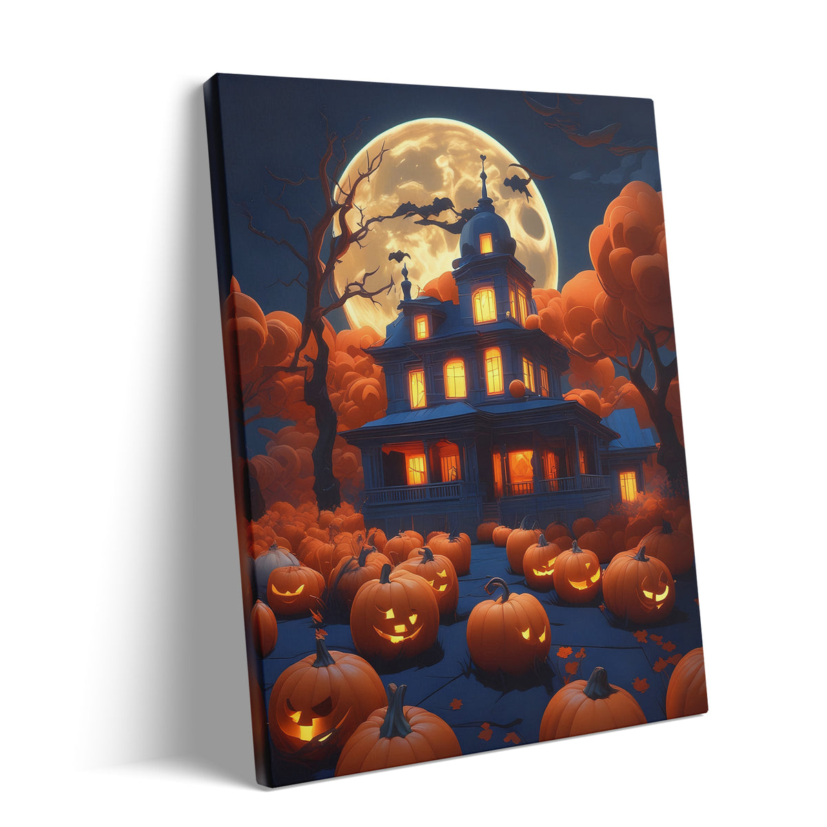 Moonlit Pumpkin Manor Halloween Canvas Wall Art