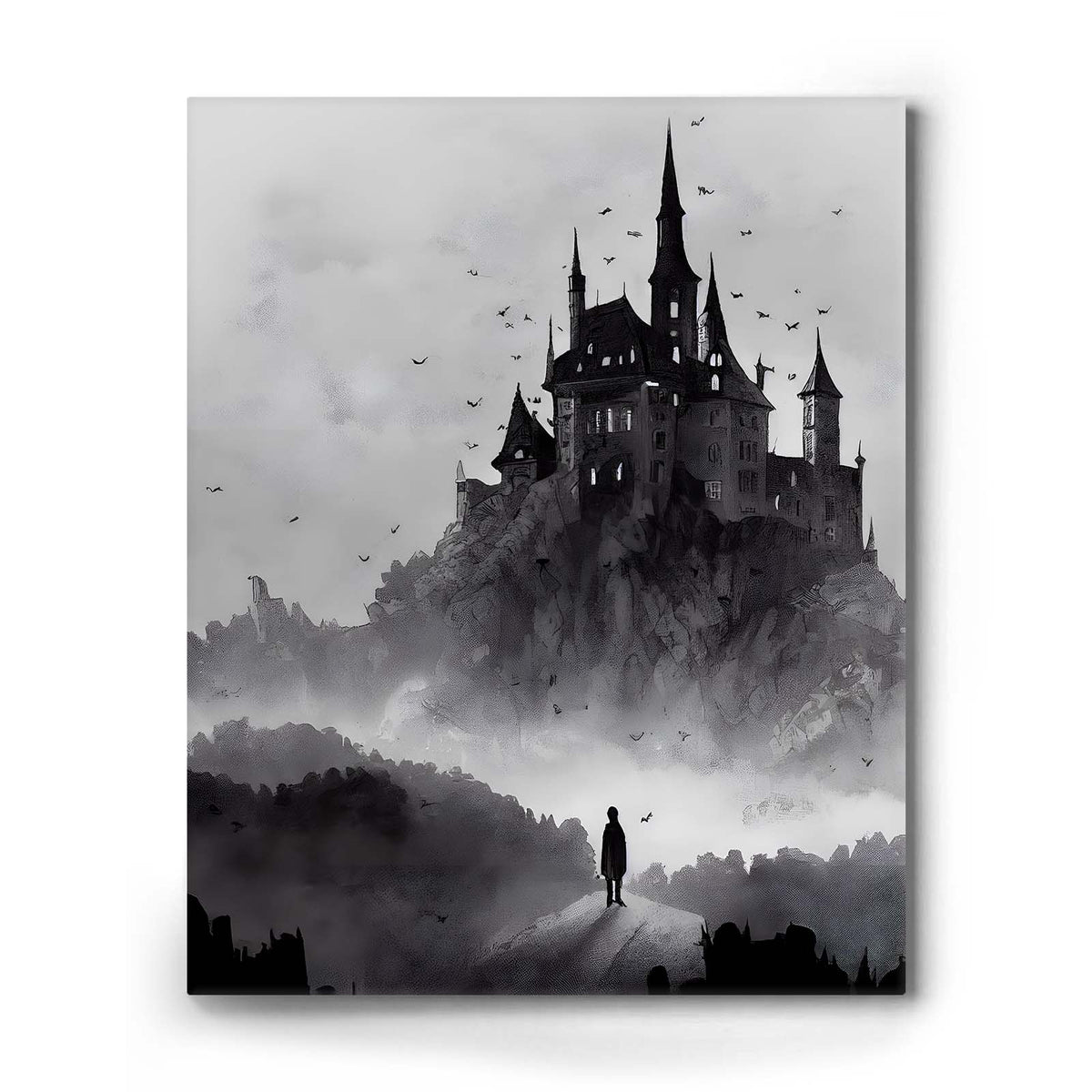 Haunted Gothic Castle in the Mist with Bats Illustration Halloween Wall Art