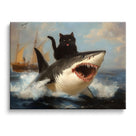 Black Cat Riding a Shark Whimsical Surreal Ocean Adventure Painting Wall Art