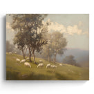 Sheep Grazing in the Misty Meadow Soft Atmospheric Pastoral Landscape Painting Wall Art