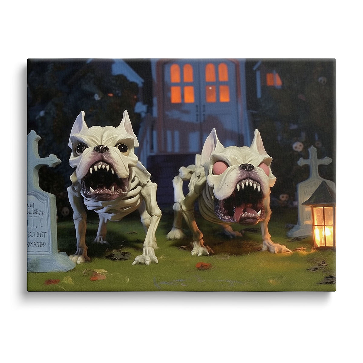 Spooky Skeleton Bulldogs in a Haunted Graveyard Illustration Dogs Wall Art
