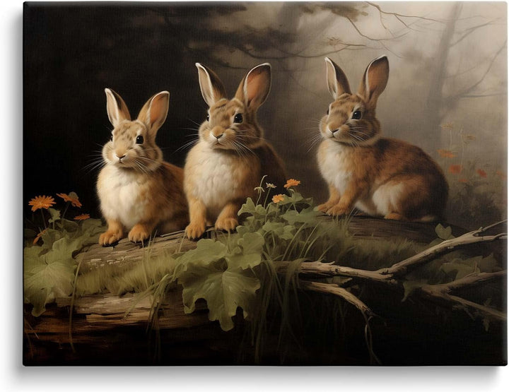 Easter Woodland Rabbits Canvas Wall Art, Adorable Hares Oil Painting Home Décor, Nature-Inspired Wall Decor, Stunning Canvas Prints