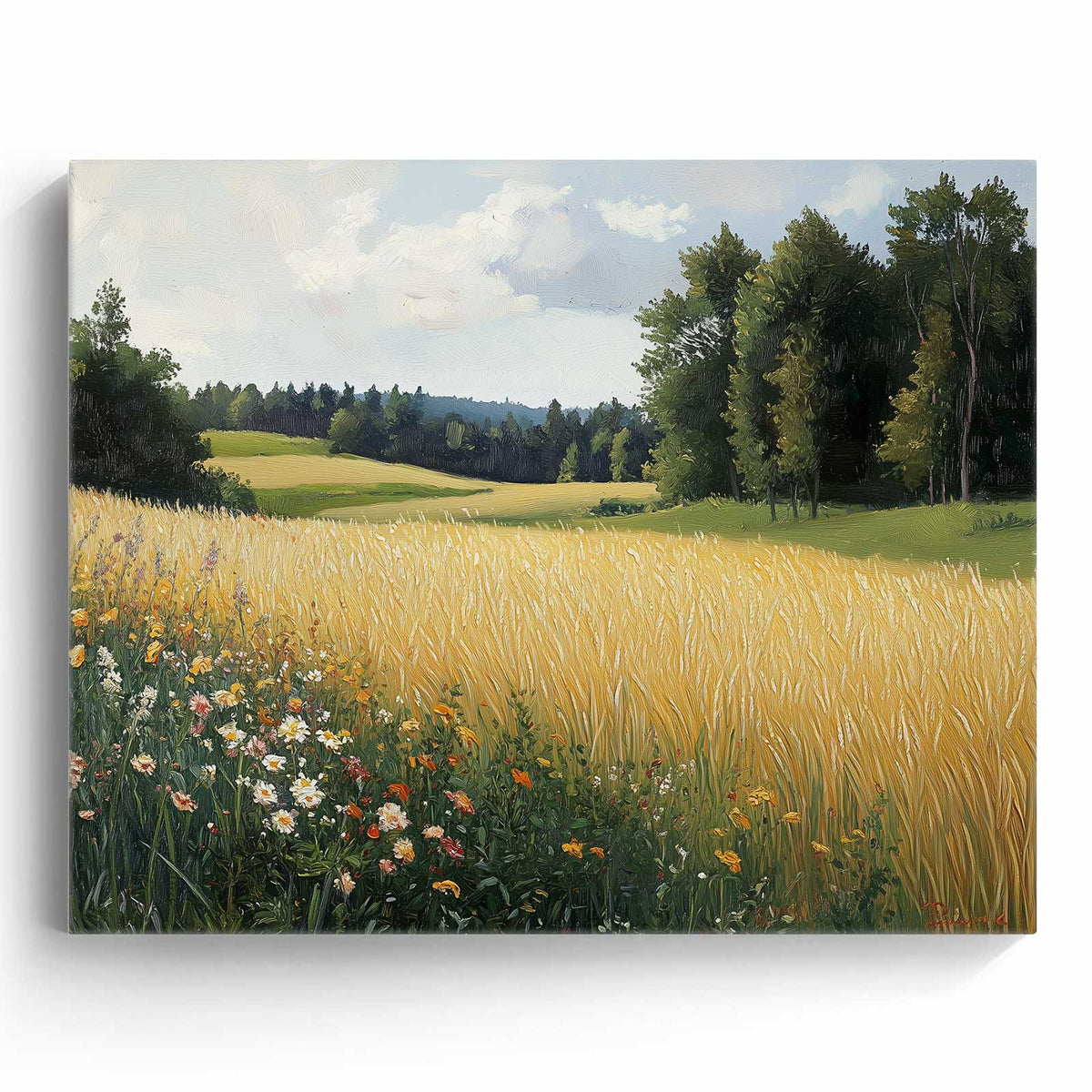Impressionist Countryside Landscape Painting Golden Wheat Meadow Wall Art