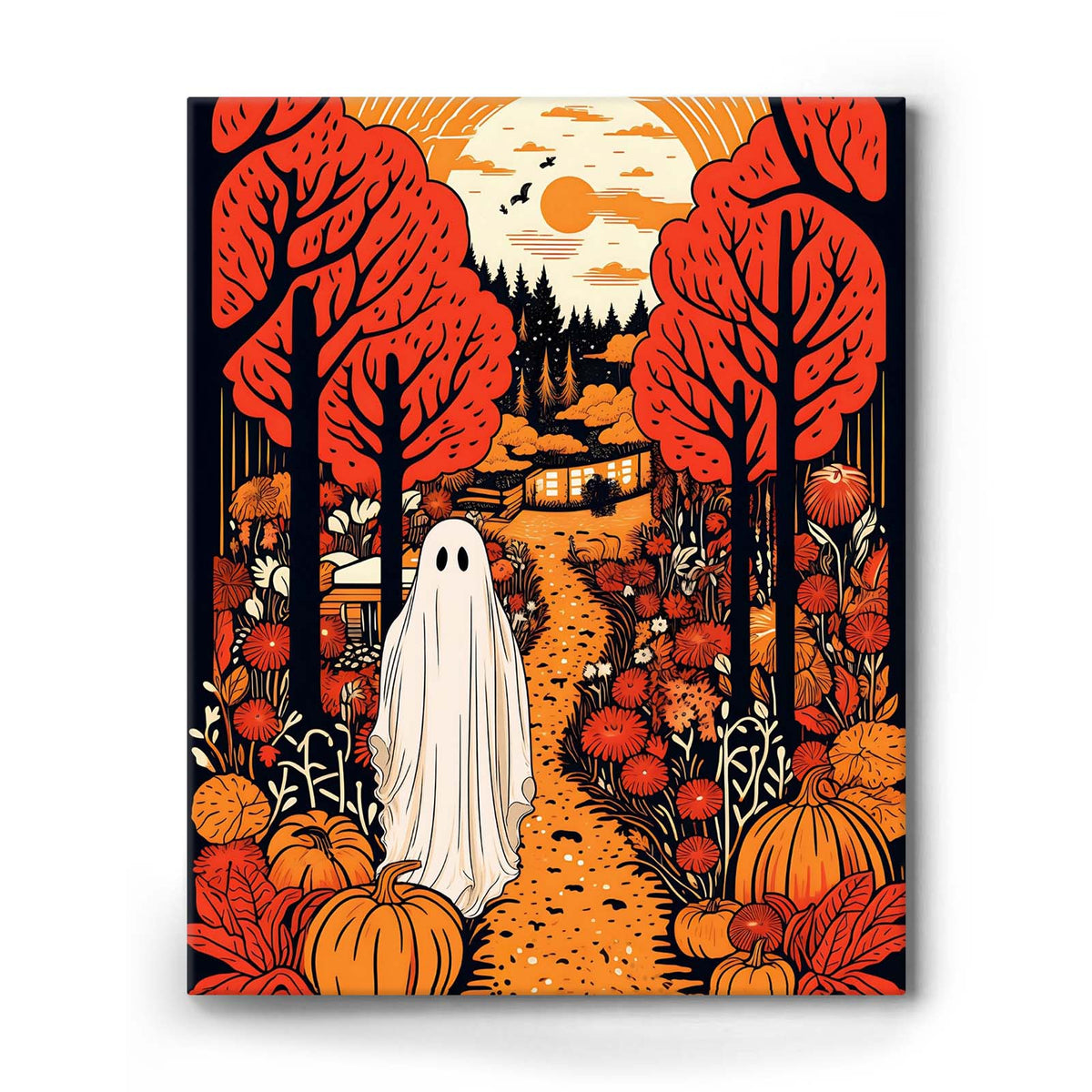 Ghost in the Autumn Forest Bold Retro Halloween Illustration Wall Art