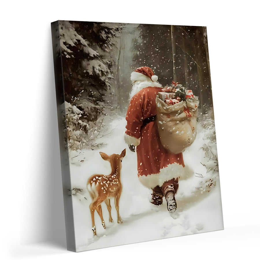 Santa Claus and Reindeer Christmas Canvas Wall Art, Vintage Holiday Decor for Living Room