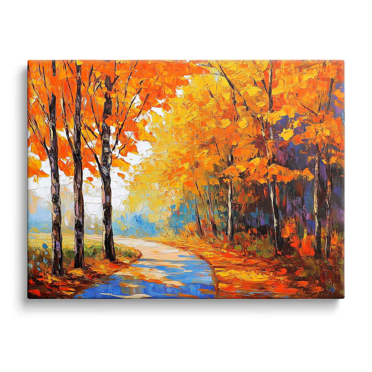 Vibrant Autumn Forest Textured Orange Woodland Path Painting Wall Art