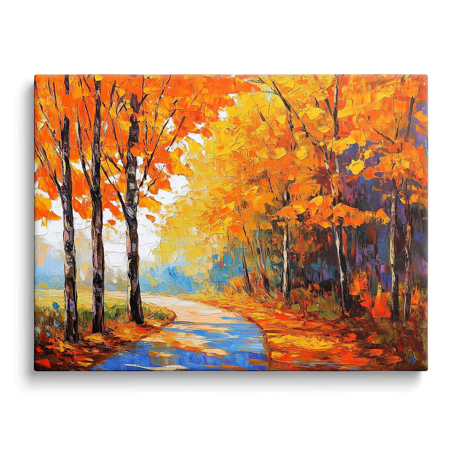 Vibrant Autumn Forest Textured Orange Woodland Path Painting Wall Art