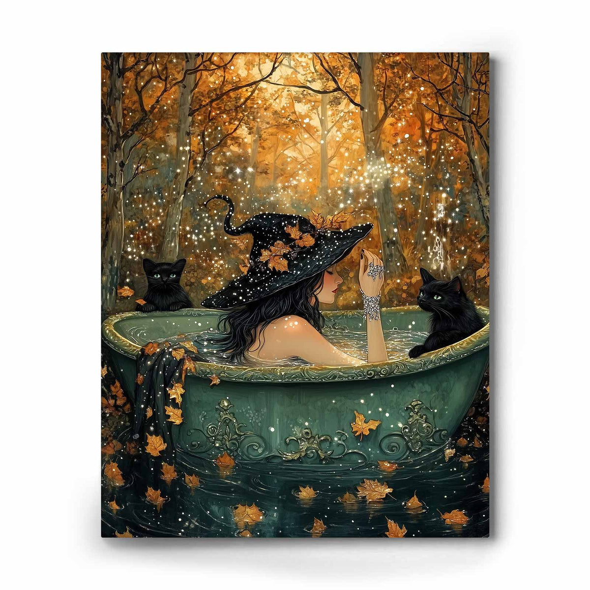 Witch in the Enchanted Forest Canvas Wall Art – Witch Hat, Black Cats and Autumn Magic Decor