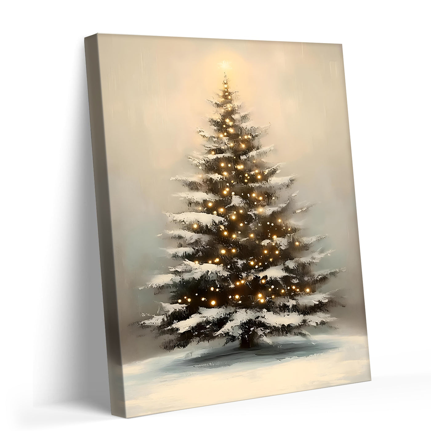 Snowy Christmas Tree Canvas Wall Art, Warm Holiday Tree Artwork with Lights for Living Room, Bedroom and Entryway