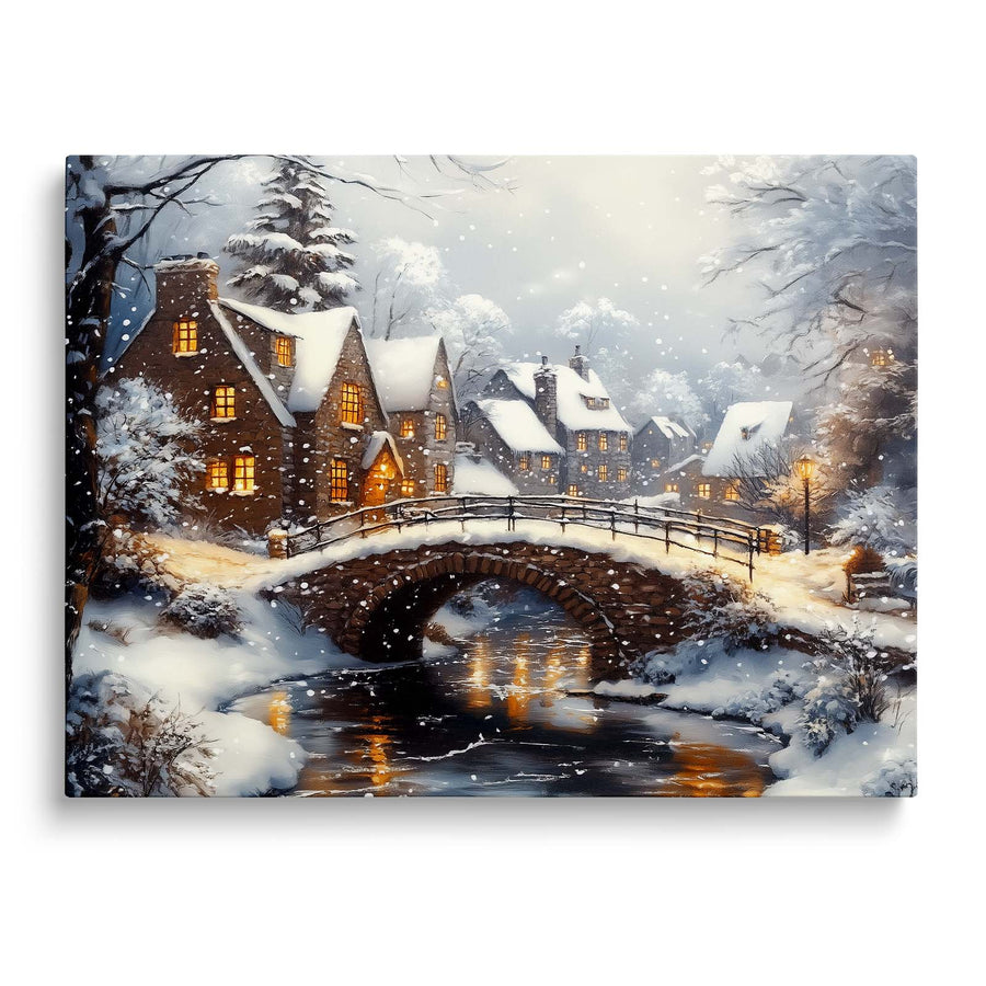 Snowy Christmas Village Canvas Wall Art, Cozy Winter Town Holiday Decor