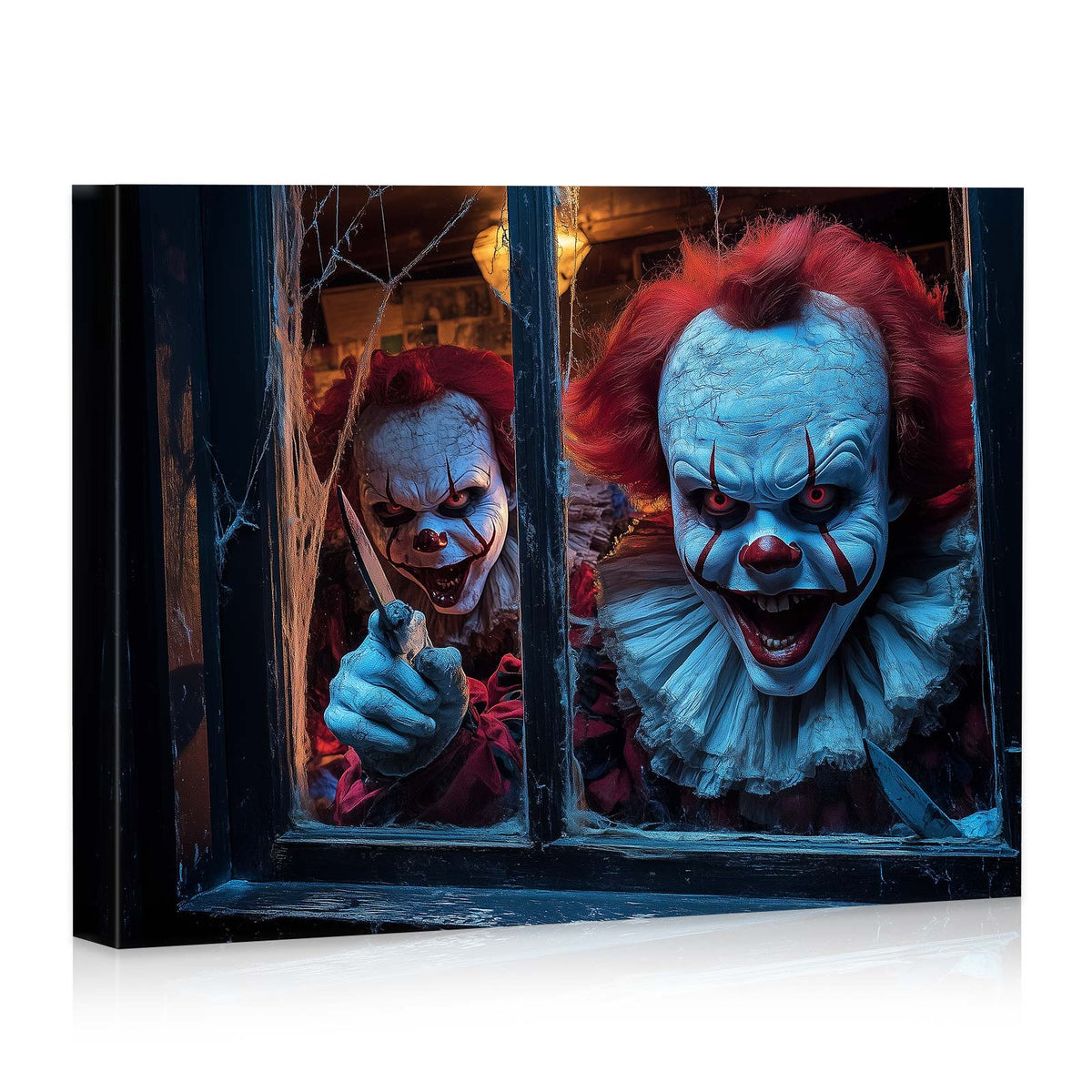 Creepy Clowns at the Window Halloween Canvas Wall Art – Dark Horror Party Decor