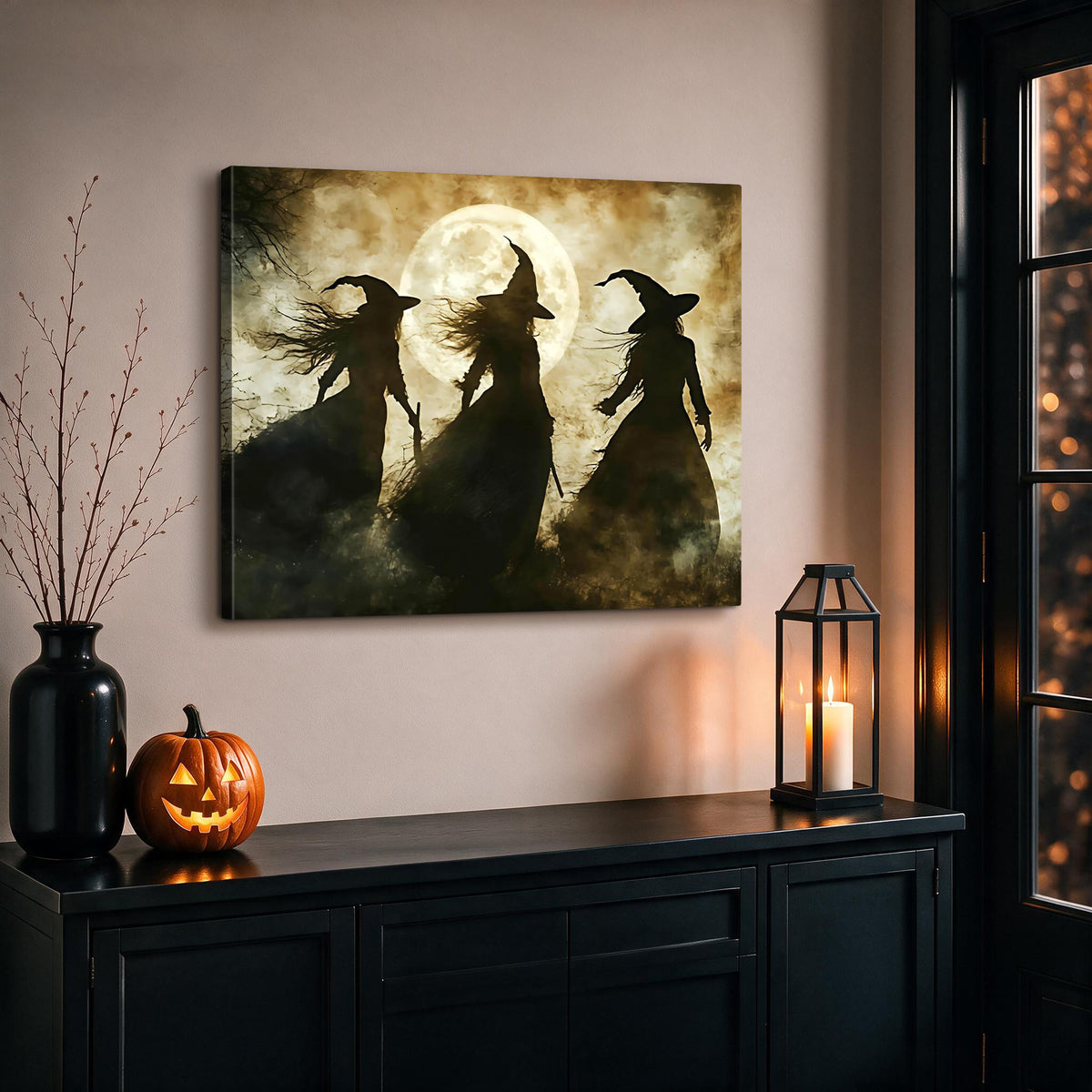 Witch Silhouette Halloween Canvas Wall Art, Magical Gothic Decor