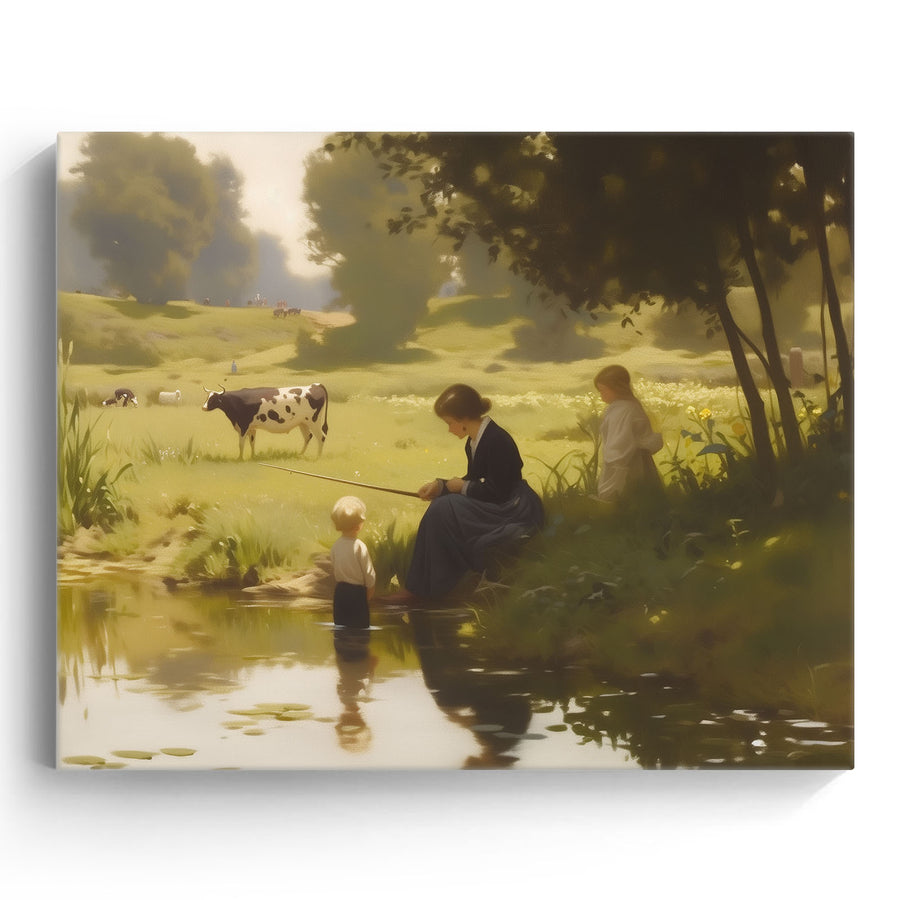 Mother and Child by the Pastoral Pond Nostalgic Impressionist Countryside Painting Wall Art