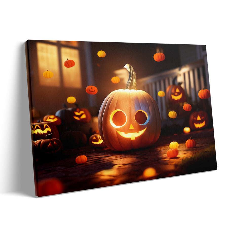 Ghostly Pumpkin Porch Halloween Canvas Wall Art