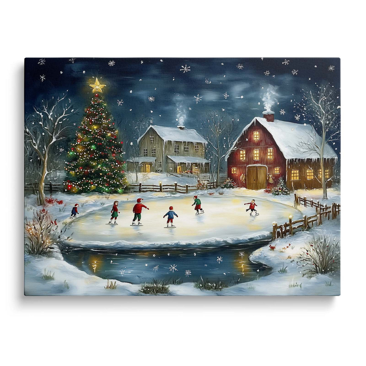 Christmas Ice Skating Canvas Wall Art, Snowy Farmhouse Scene with Christmas Tree and Barn Holiday Decor
