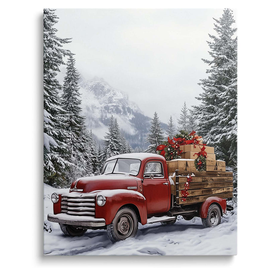 Vintage Red Christmas Truck Canvas Wall Art, Rustic Country Holiday Decor